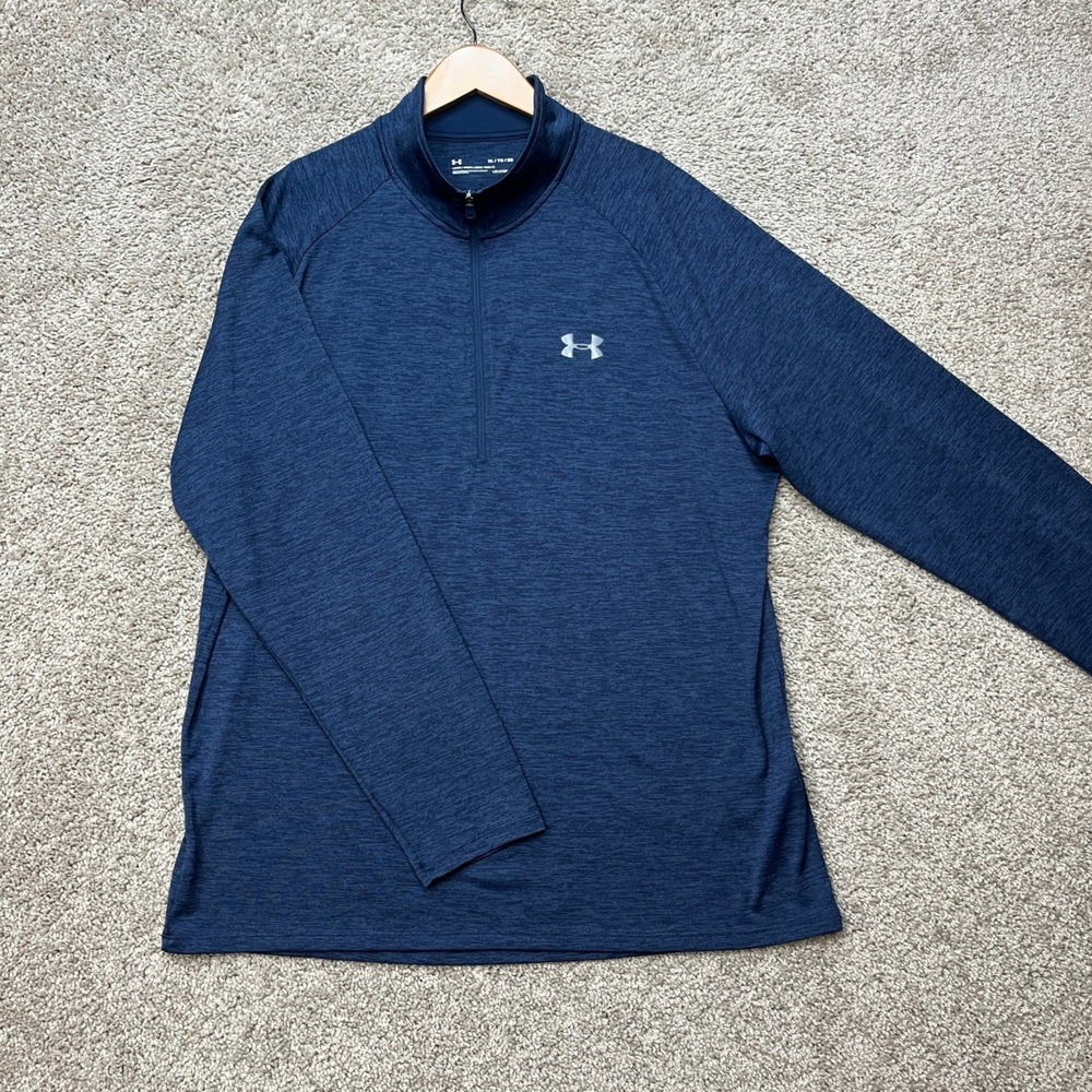 Under Armour Pullover Men XL Navy Blue Heathered Quarter Zip HeatGear Tech Loose